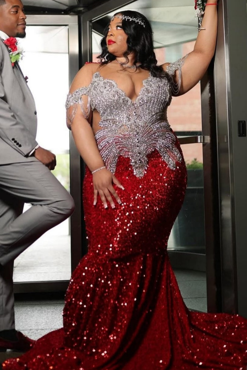 Festival Red Sequins Jewel Mermaid Plus Size Prom Dresses With Appliques