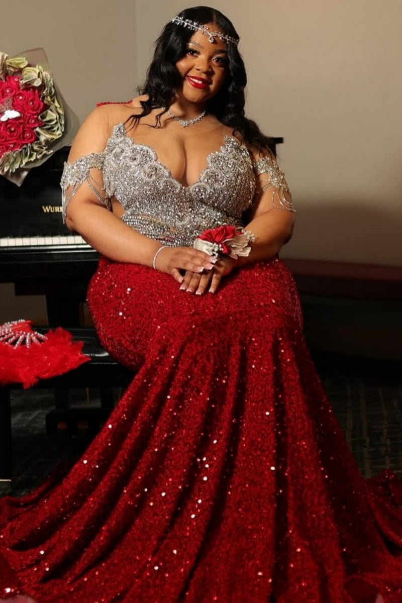 Festival Red Sequins Jewel Mermaid Plus Size Prom Dresses With Appliques