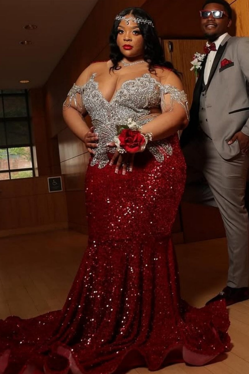 Festival Red Sequins Jewel Mermaid Plus Size Prom Dresses With Appliques