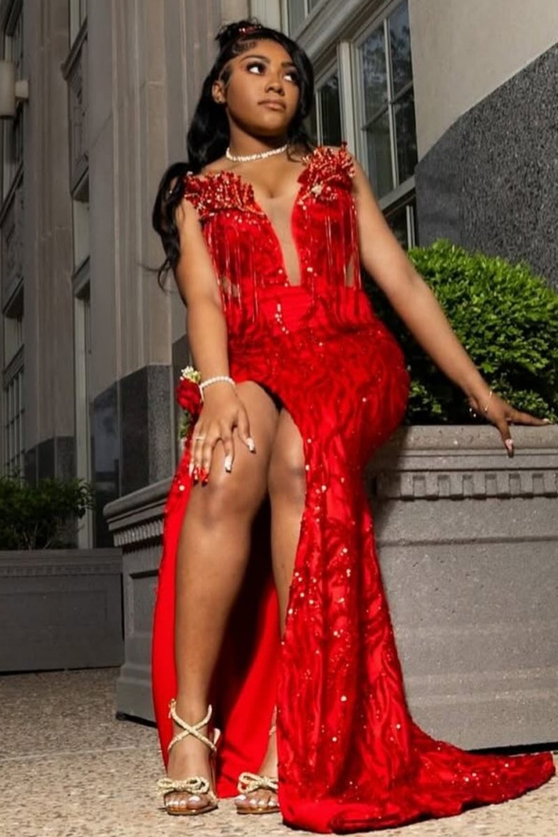 Beautiful Red Strapless Sequins Side Slit Prom Dresses