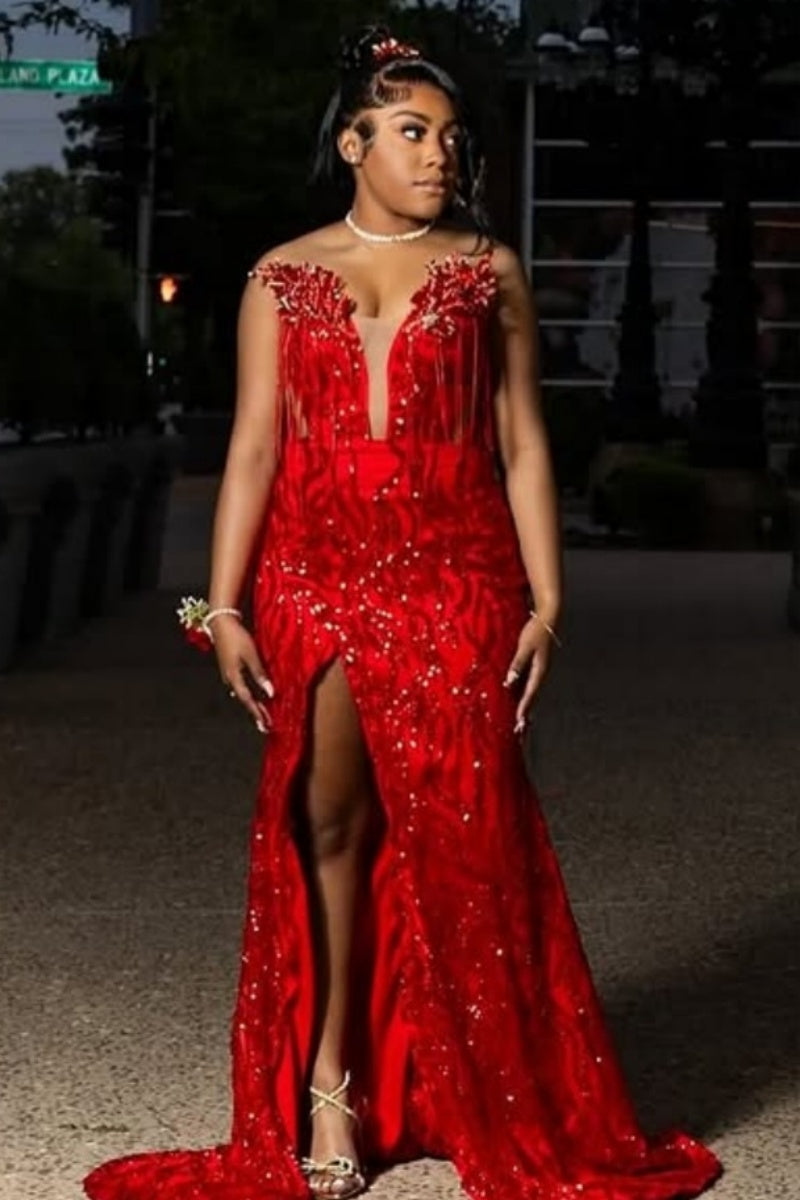 Beautiful Red Strapless Sequins Side Slit Prom Dresses