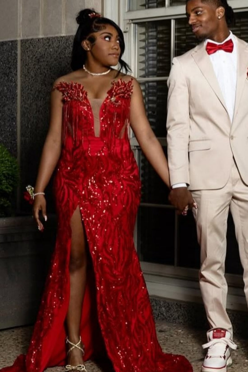 Beautiful Red Strapless Sequins Side Slit Prom Dresses