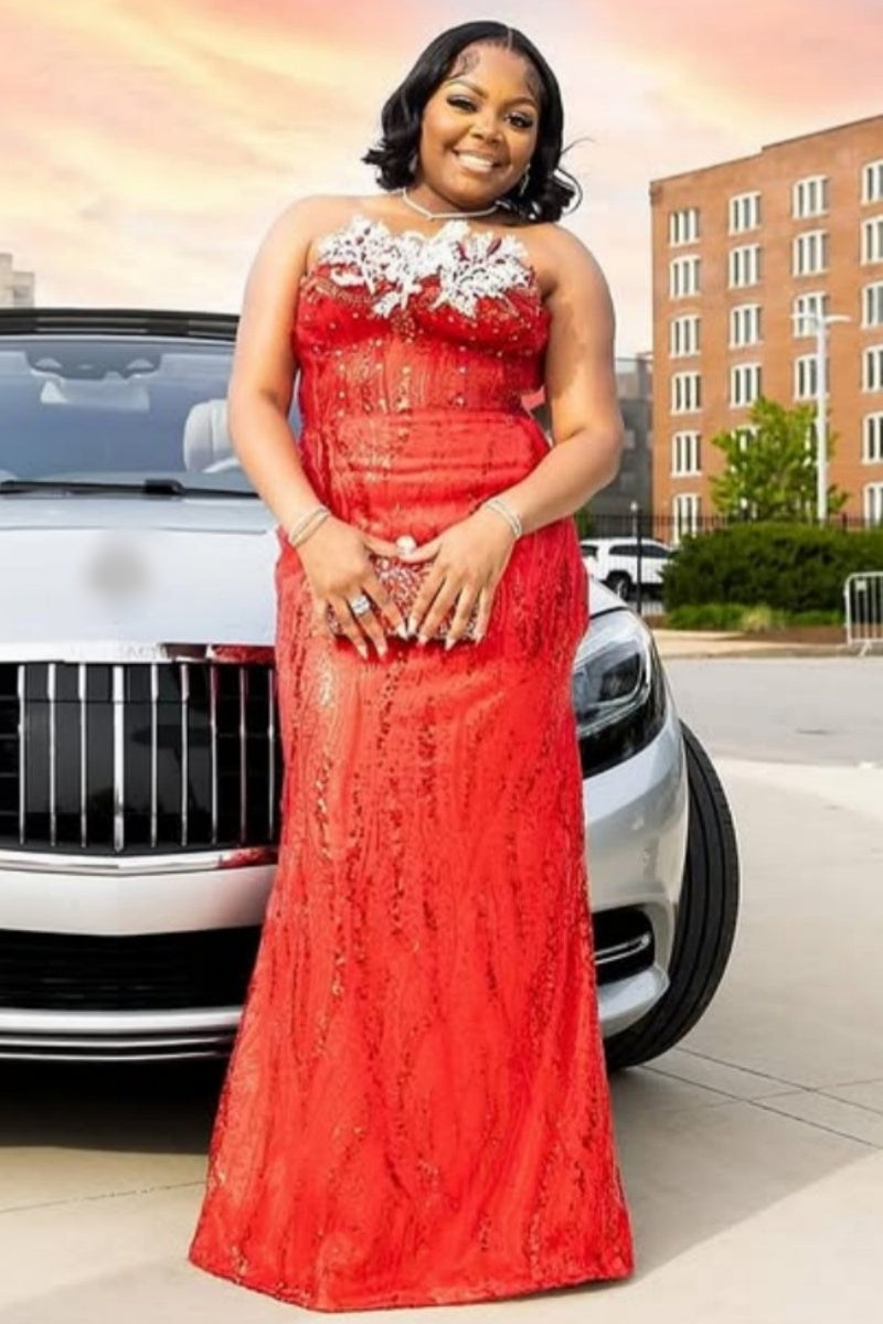 Fashion Red Sequins Strapless  Sheath Prom Dresses With Appliques