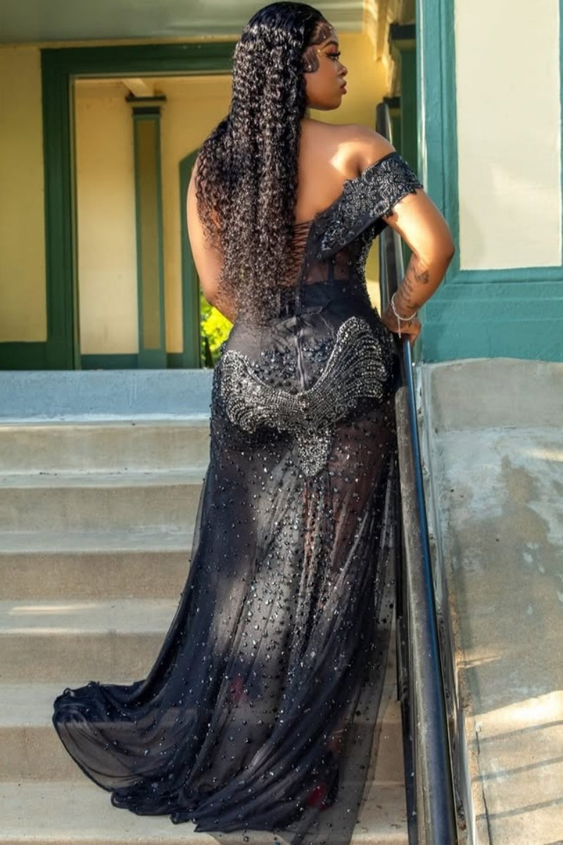 Charming Black Appliques Strapless High Slit Prom Dresses With Beadings