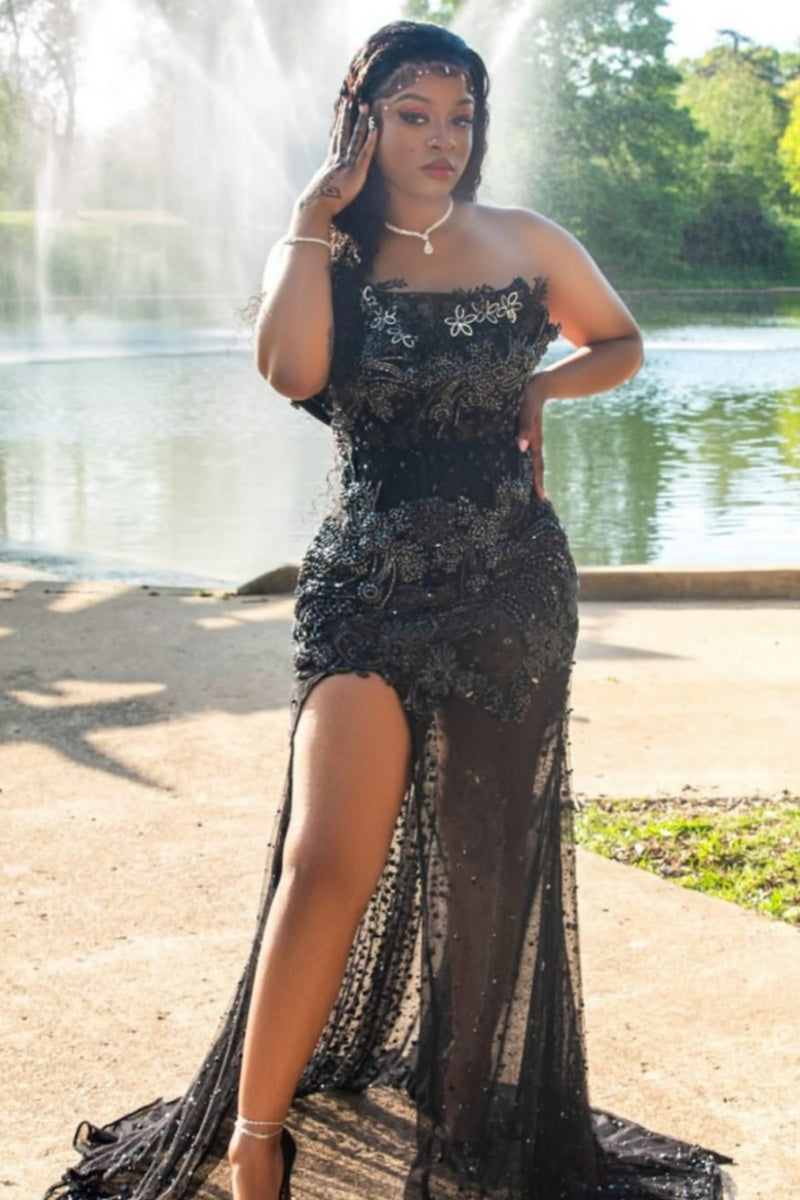 Charming Black Appliques Strapless High Slit Prom Dresses With Beadings