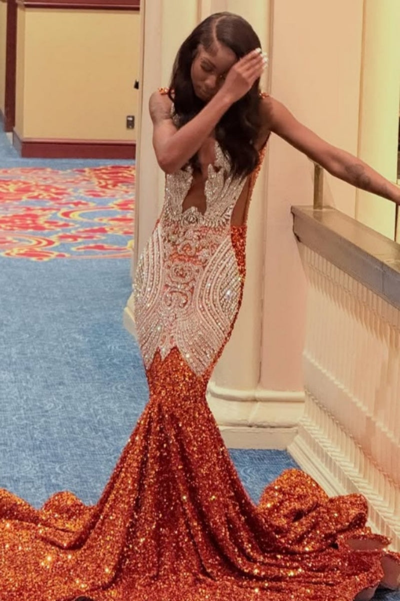 Honorable Orange Jewel Sequins Mermaid Prom Dresses With Beadings
