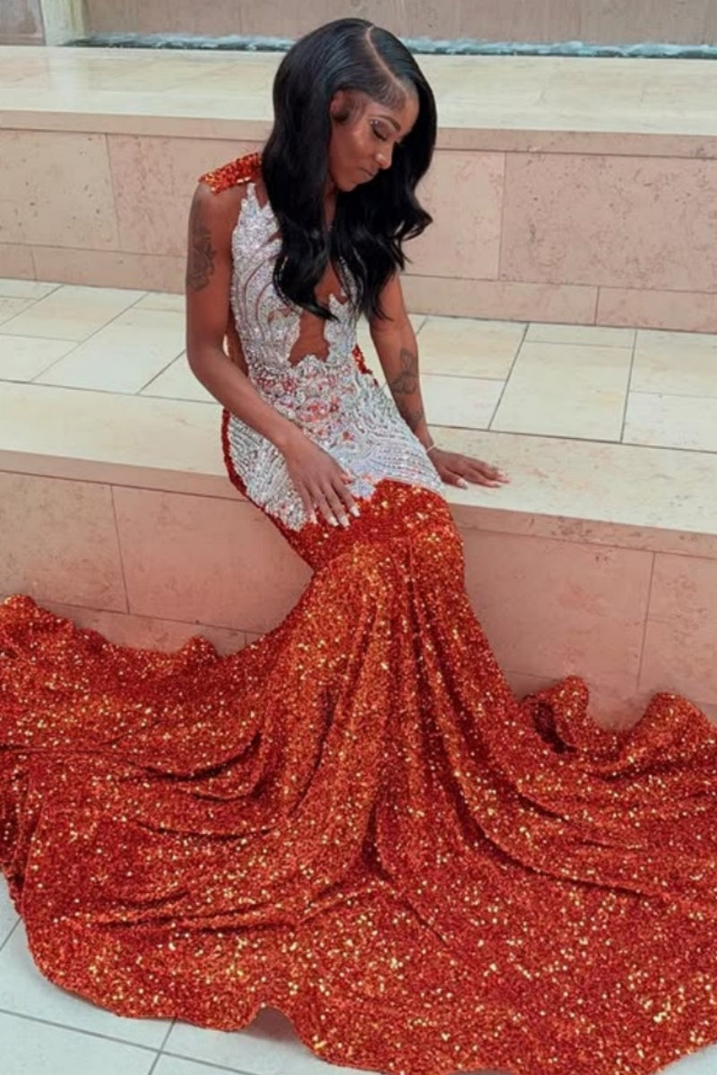 Honorable Orange Jewel Sequins Mermaid Prom Dresses With Beadings