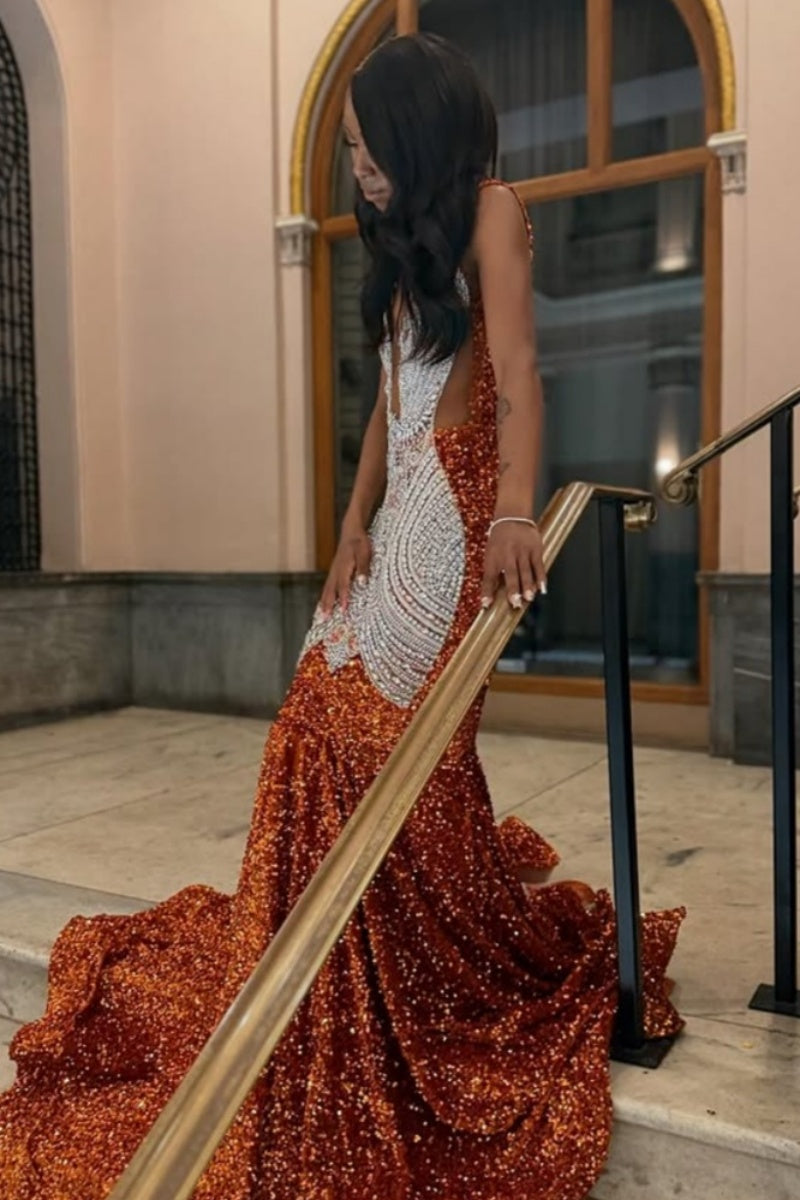 Honorable Orange Jewel Sequins Mermaid Prom Dresses With Beadings