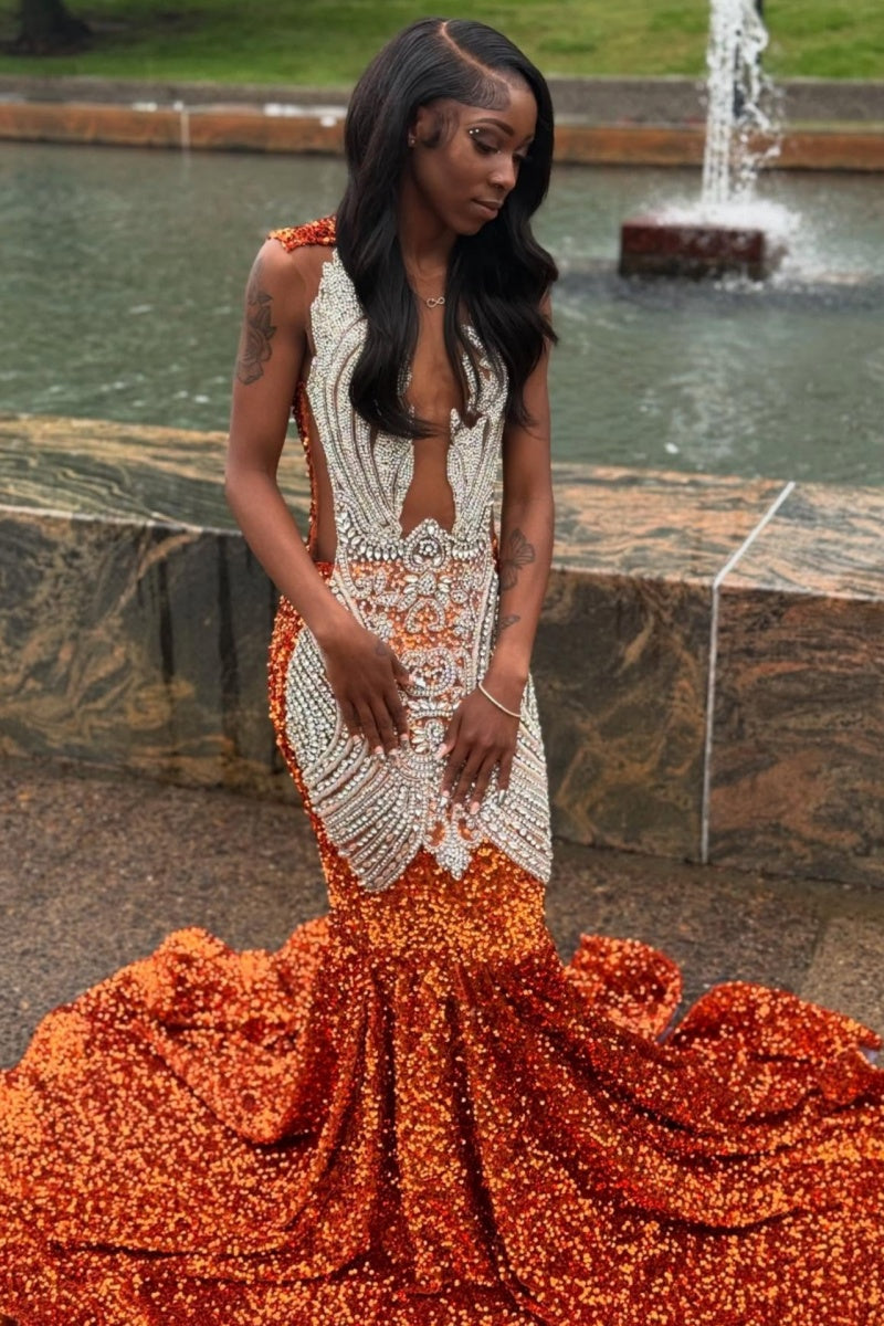 Honorable Orange Jewel Sequins Mermaid Prom Dresses With Beadings