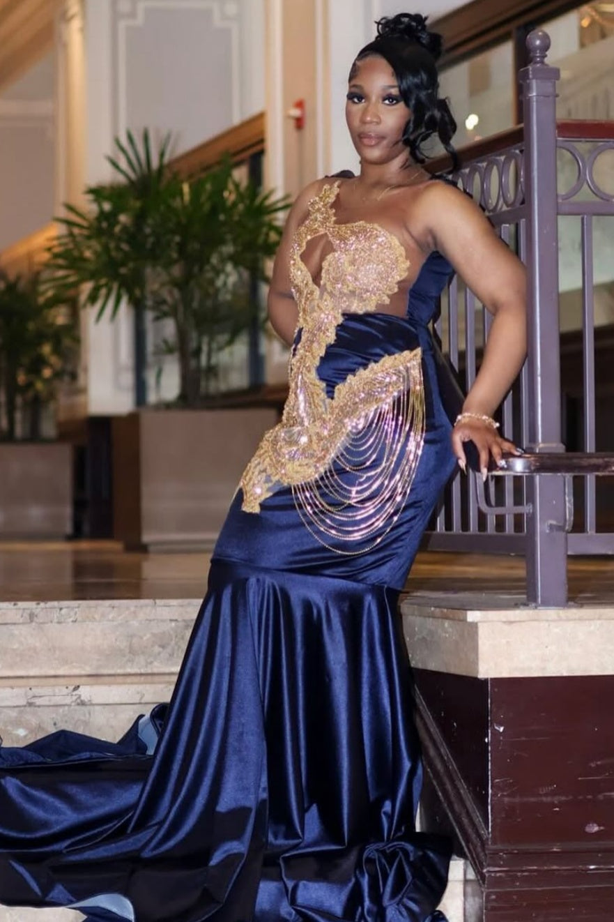 Generous Navy Jewel Mermaid Prom Dresses With Beadings