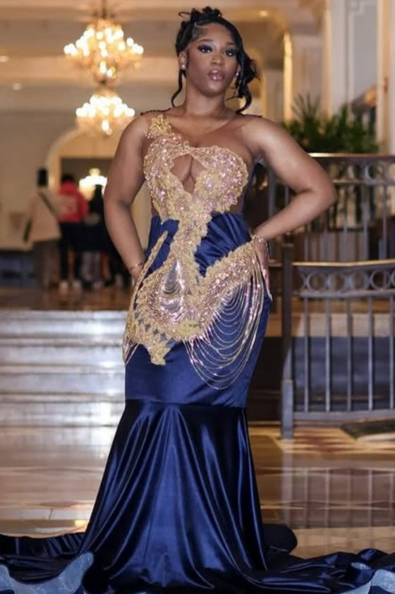 Generous Navy Jewel Mermaid Prom Dresses With Beadings