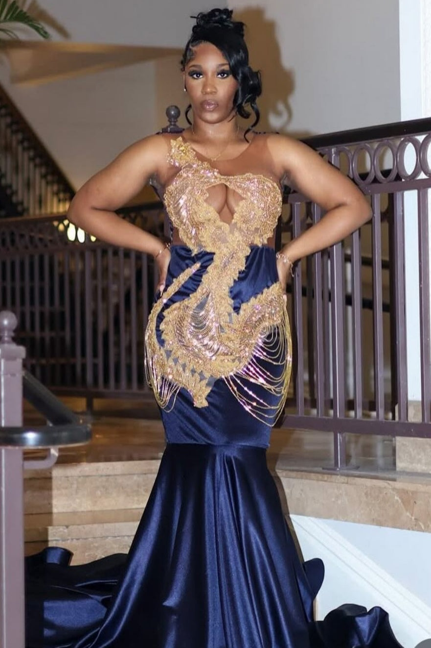 Generous Navy Jewel Mermaid Prom Dresses With Beadings