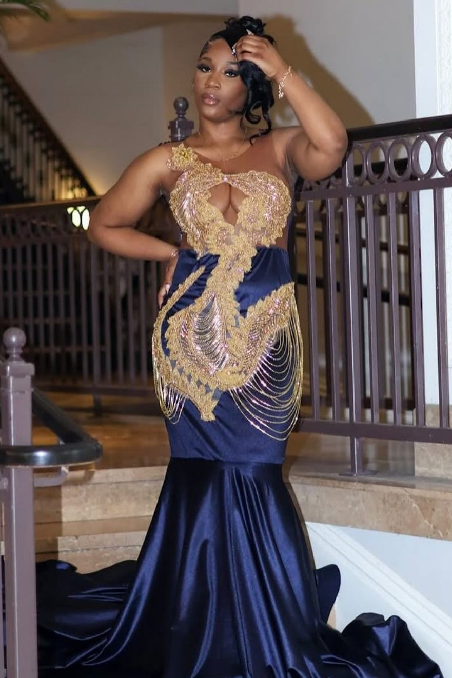 Generous Navy Jewel Mermaid Prom Dresses With Beadings