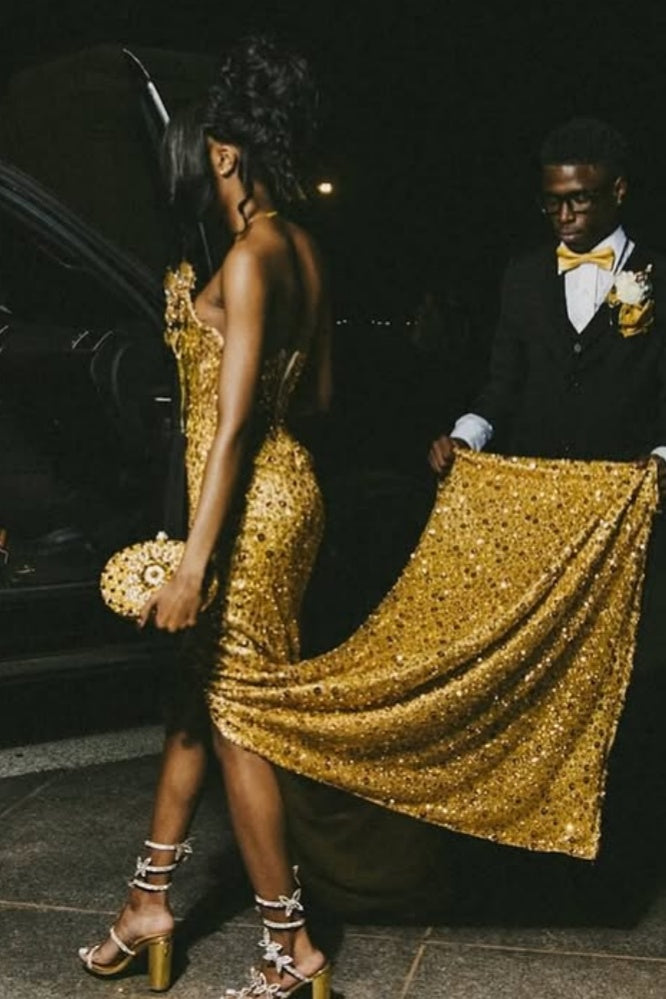 Sparkle Gold Strapless Side Slit Beadings Sequins Sheath Dresses With Tassel