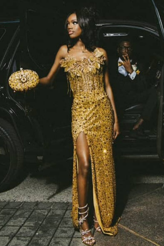 Sparkle Gold Strapless Side Slit Beadings Sequins Sheath Dresses With Tassel