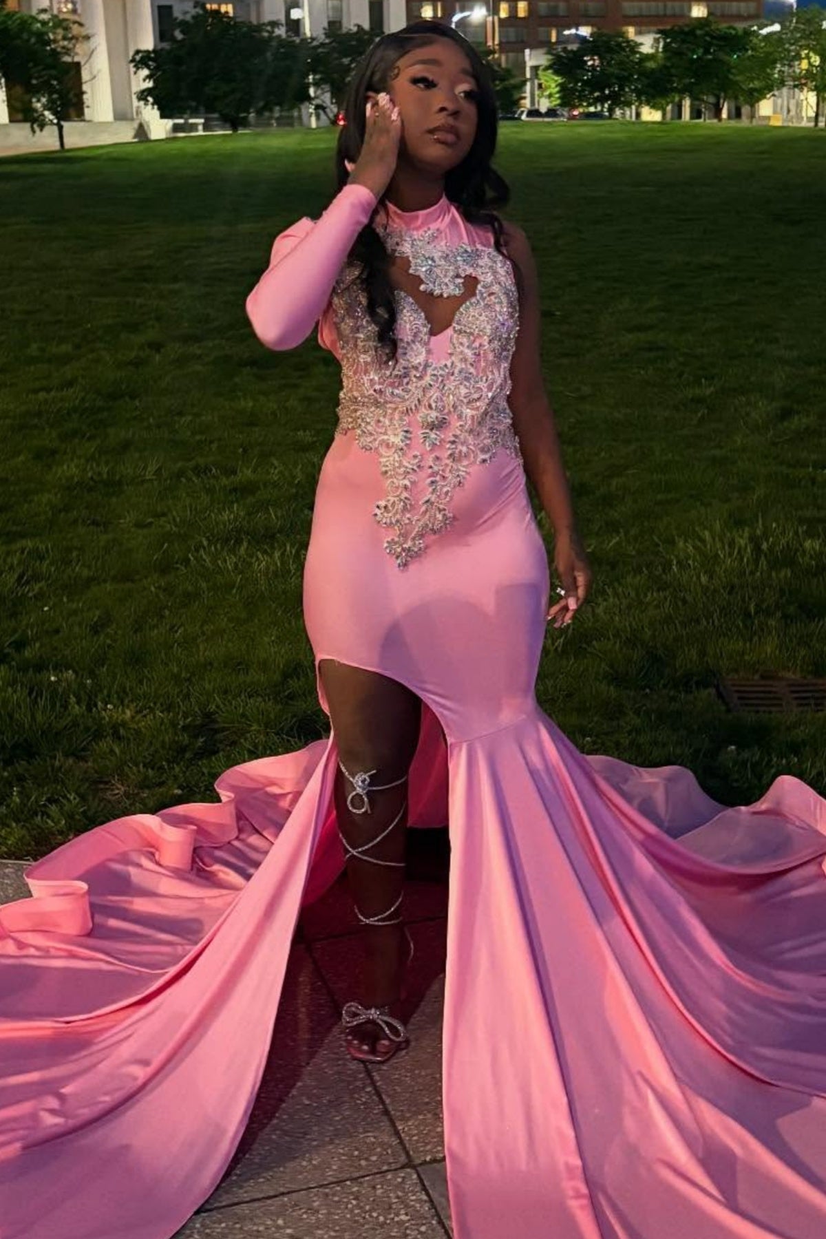 Charming Pink High Neck Side Slit Beadings Mermaid Prom Dresses