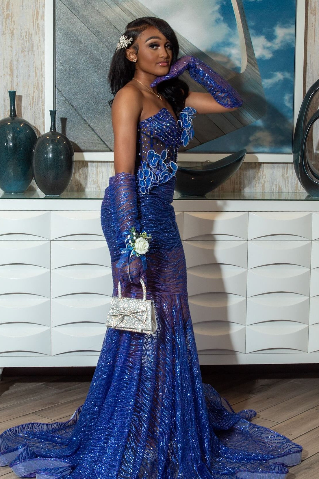 Elegant Blue Sweetheart Beadings Sequins Mermaid Prom Dresses With Flowers