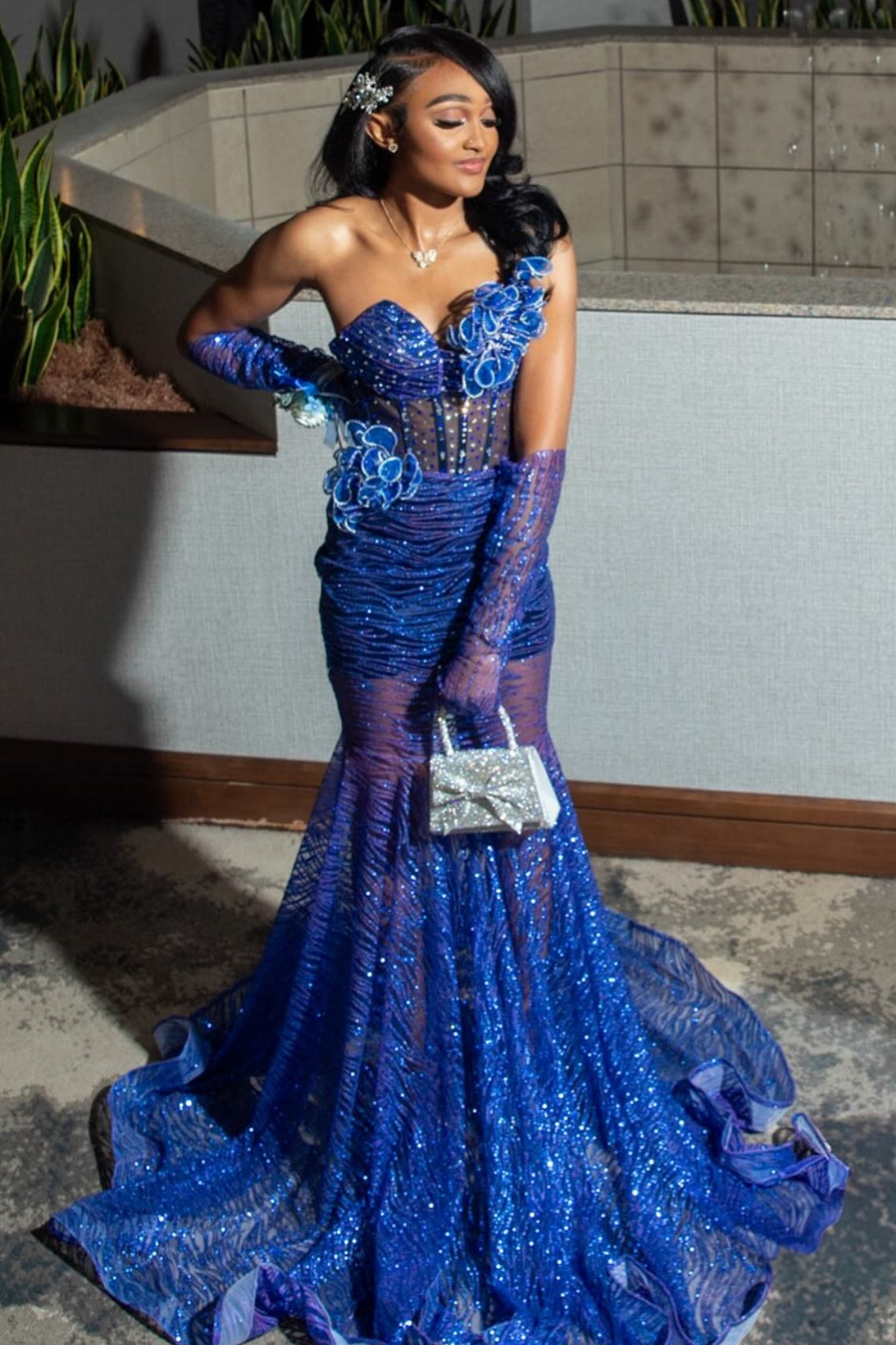 Elegant Blue Sweetheart Beadings Sequins Mermaid Prom Dresses With Flowers