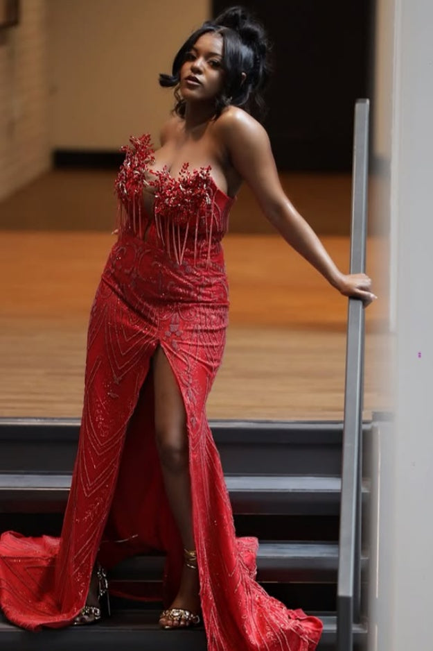 Sexy Red Sweetheart Side Slit Beadings Sheath Prom Dresses With Tassel