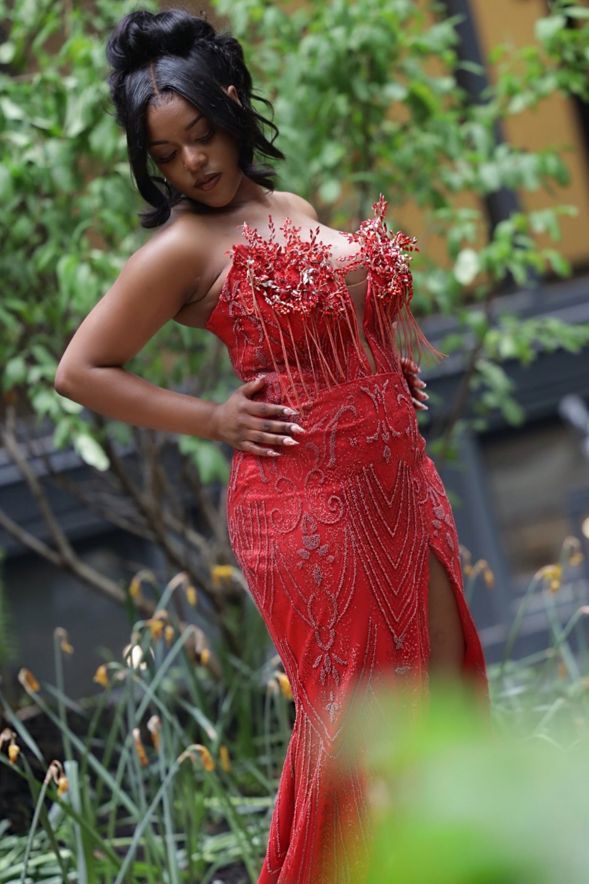 Sexy Red Sweetheart Side Slit Beadings Sheath Prom Dresses With Tassel