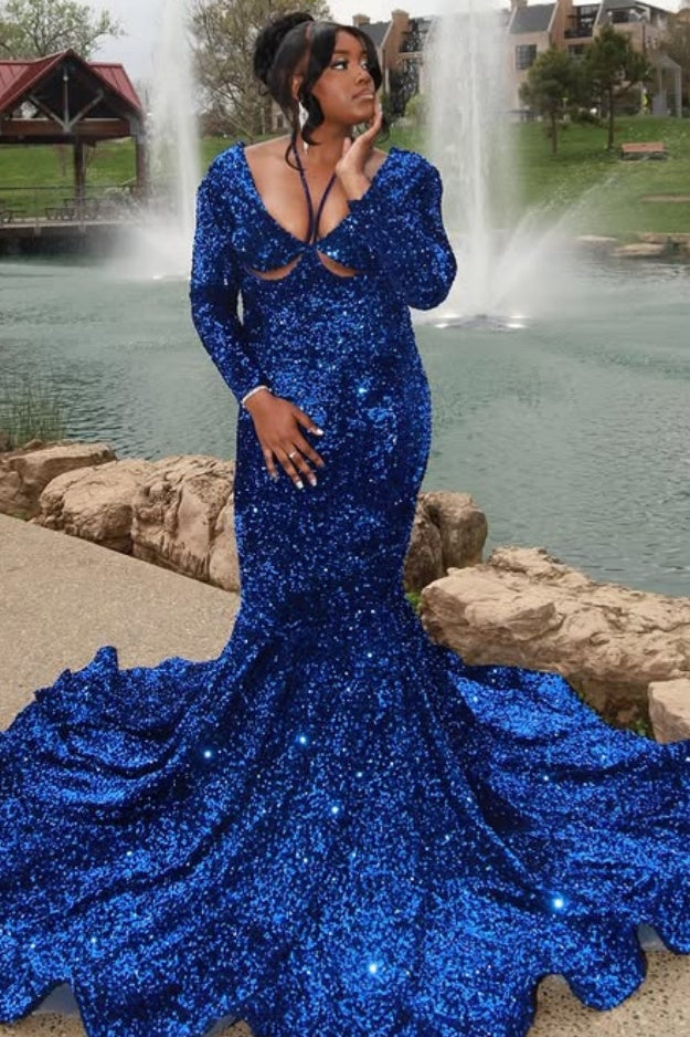 Fancy Royal Blue V-Neck Long Sleeves Sequins Mermaid Prom Dresses