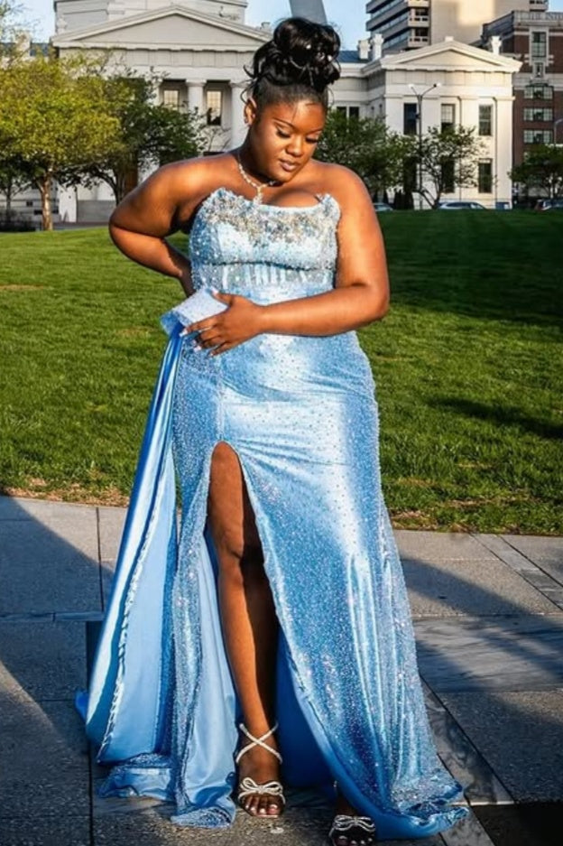 Modern Sky Blue Sequins Side Slit Beadings Plus Size Sheath Prom Dresses
