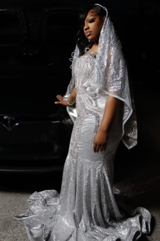 Sparkle Silver Strapless Beadings Mermaid Sequins Prom Dresses