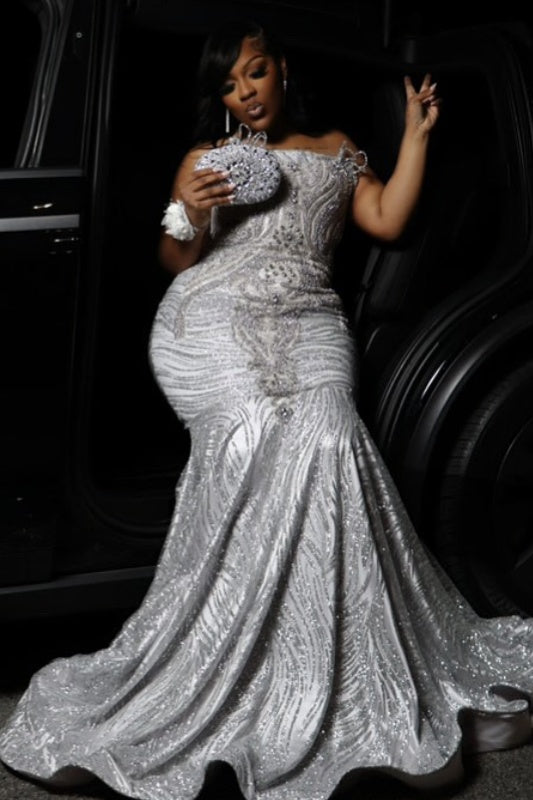 Sparkle Silver Strapless Beadings Mermaid Sequins Prom Dresses