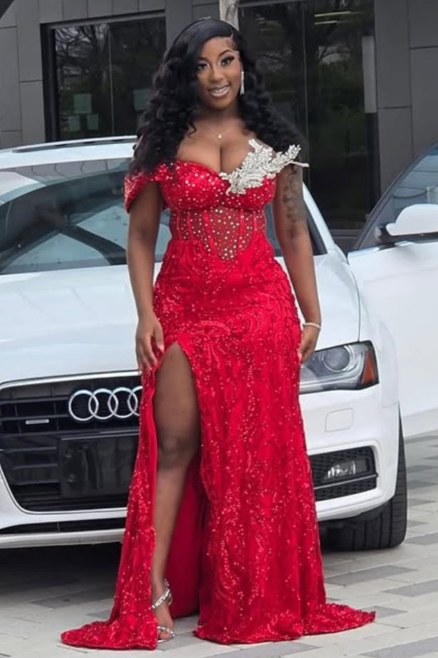 Beautiful Red Sequins Off-The-Shoulder Side Slit Beadings Sheath Prom Dresses