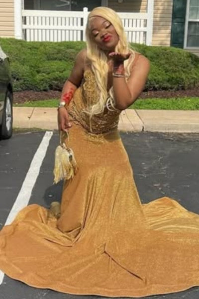 Sexy Gold V-Neck Beadings Sequins Mermaid Prom Dresses