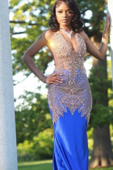 Glamorous Blue V-Neck Satin Beadings Prom Dresses