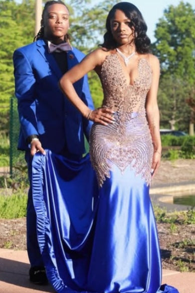 Glamorous Blue V-Neck Satin Beadings Prom Dresses