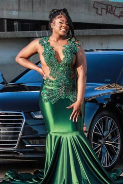 Popular Green V-Neck Beadings Mermaid Prom Dresses
