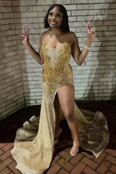 Sparkle Champagne Strapless Beadings Side Slit Prom Dresses