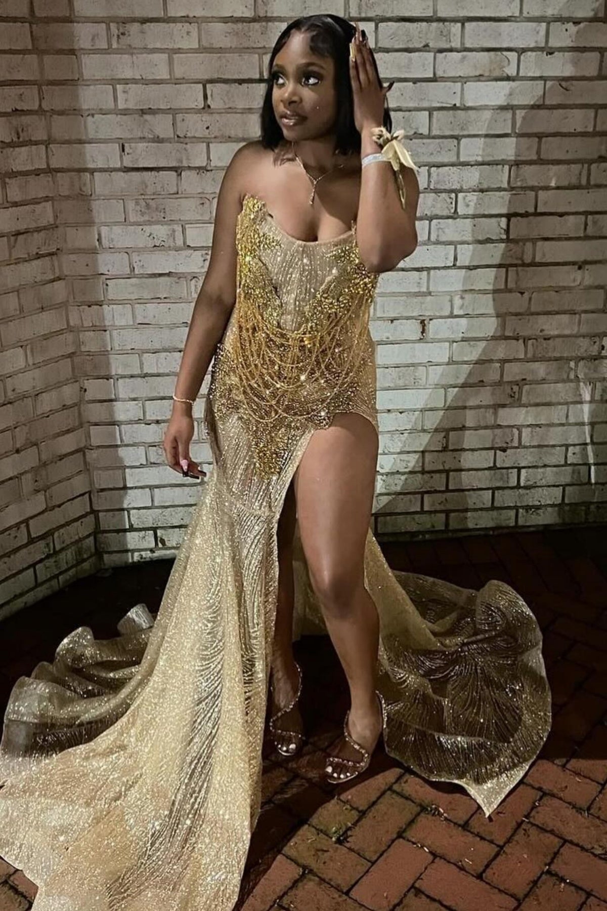 Sparkle Champagne Strapless Beadings Side Slit Prom Dresses