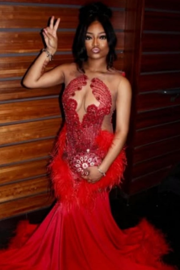 Beautiful Red Beadings Feathers Mermaid Prom Dresses