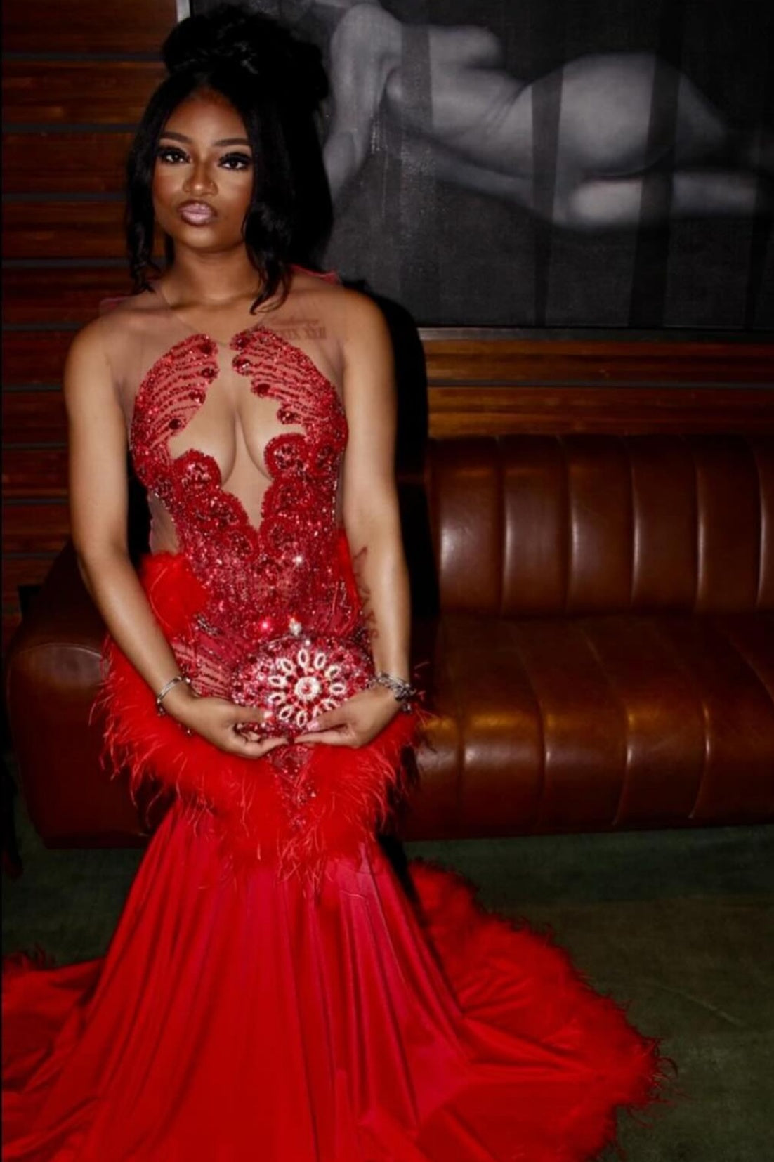 Beautiful Red Beadings Feathers Mermaid Prom Dresses