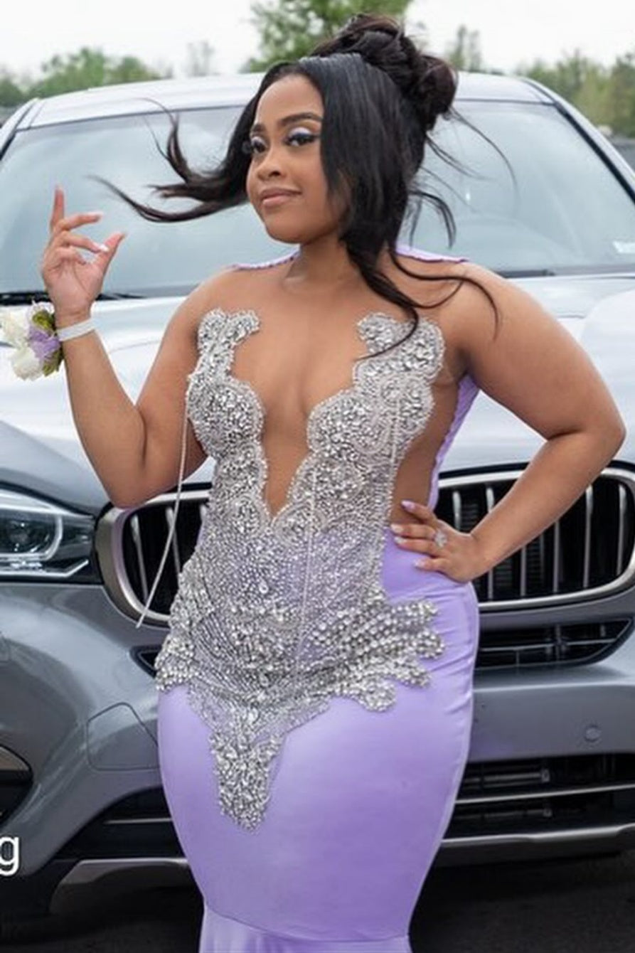 Nectarean Lavender V-Neck Beadings Mermaid Prom Dresses