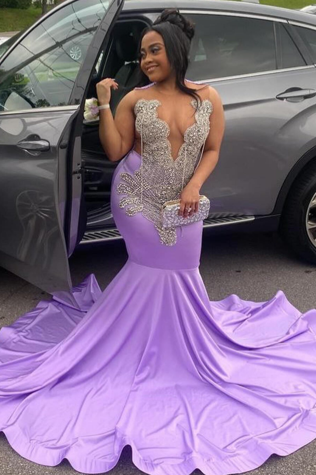 Nectarean Lavender V-Neck Beadings Mermaid Prom Dresses