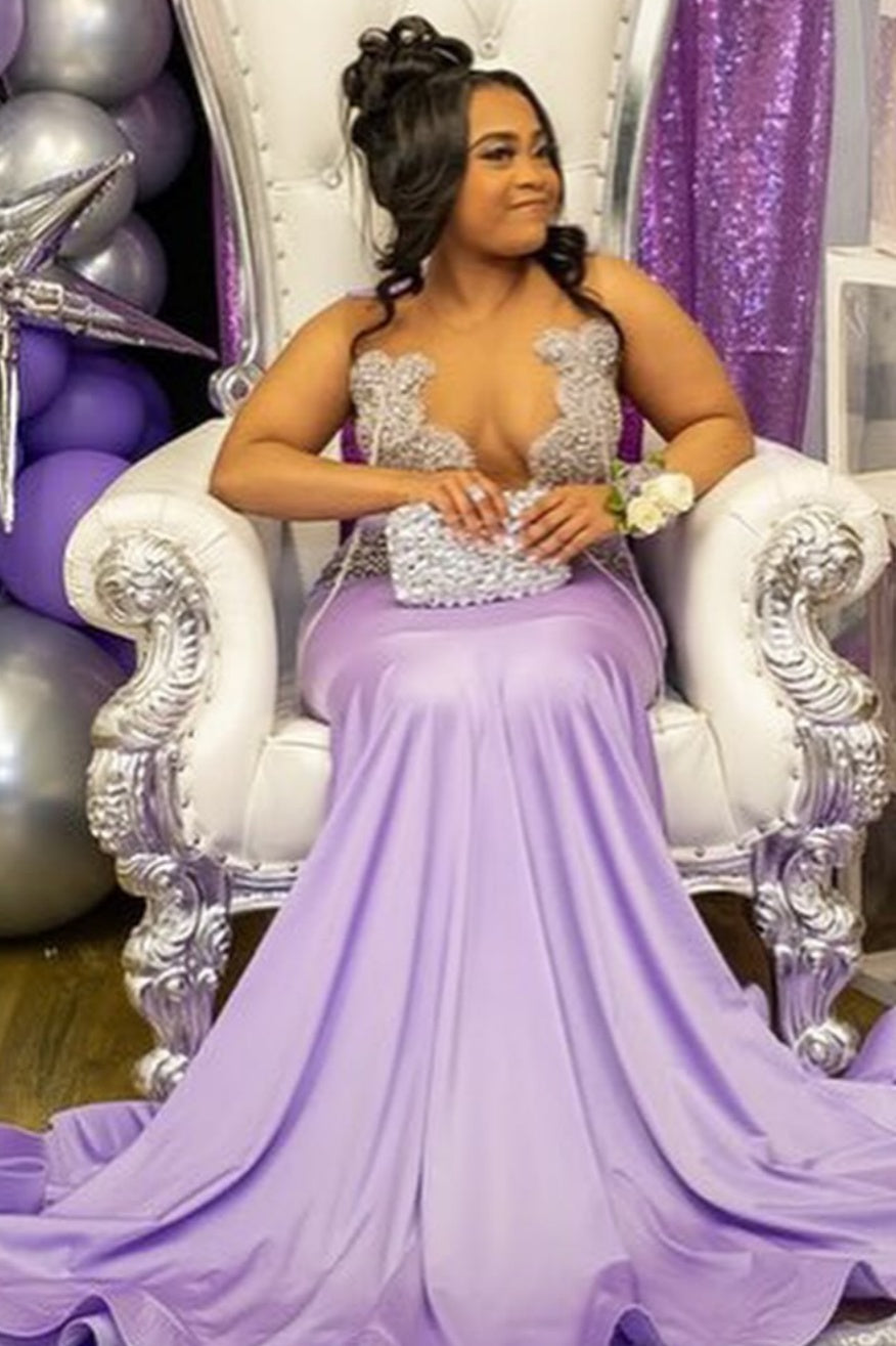 Nectarean Lavender V-Neck Beadings Mermaid Prom Dresses
