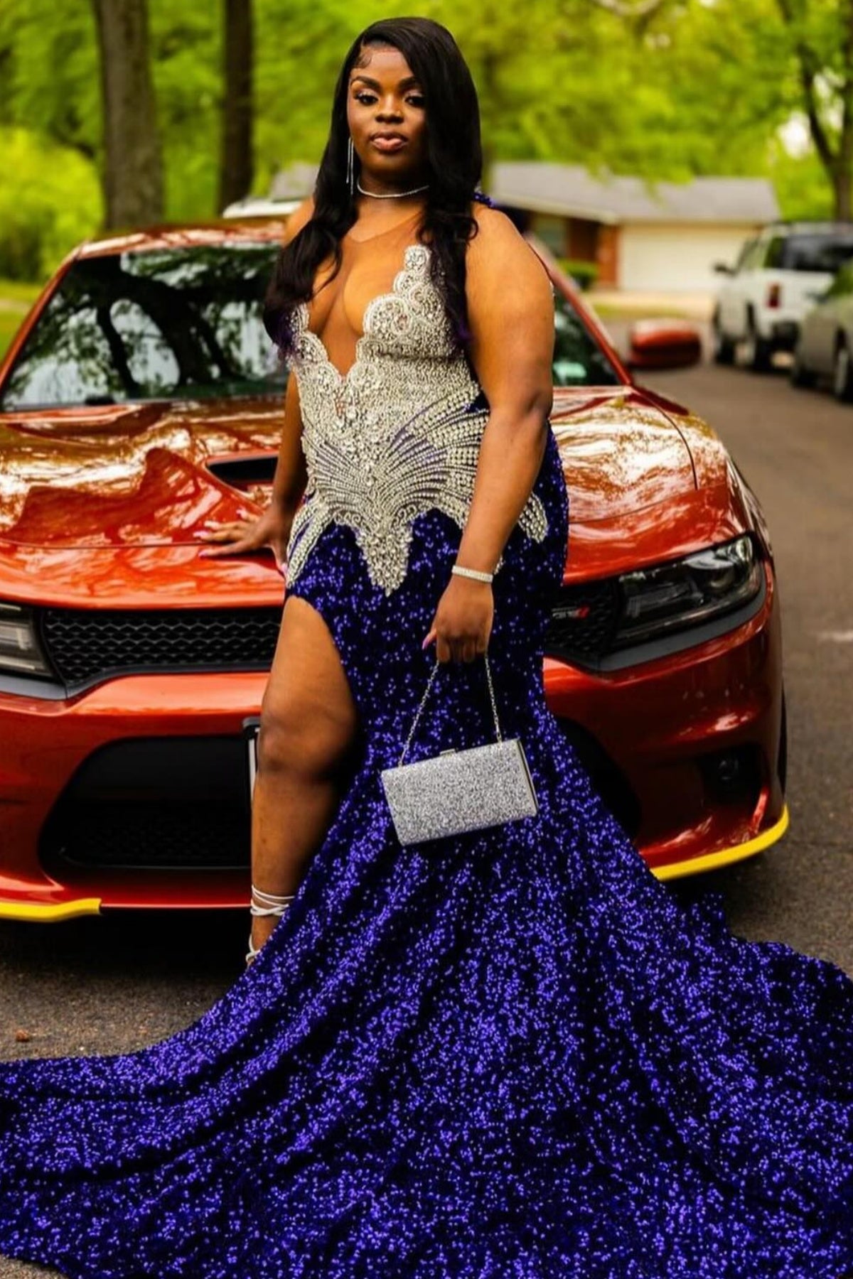 Sexy Dark Blue Sequins V-Neck Beadings Side Slit Mermaid Prom Dresses