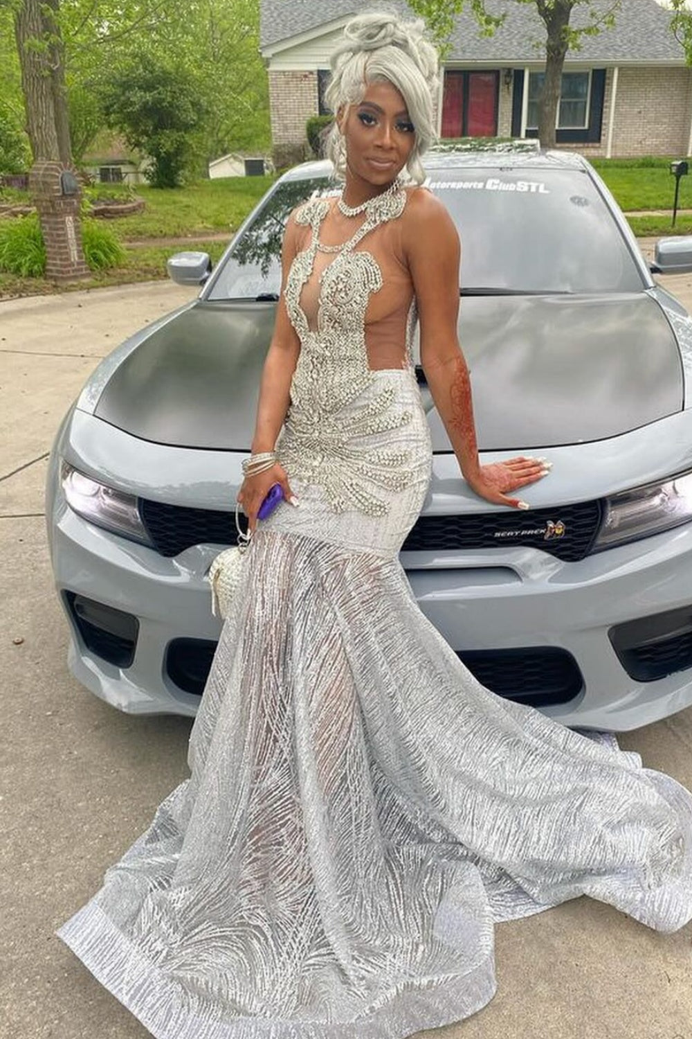 Sparkle Silver Sequins Jewel Beadings Mermaid Prom Dresses