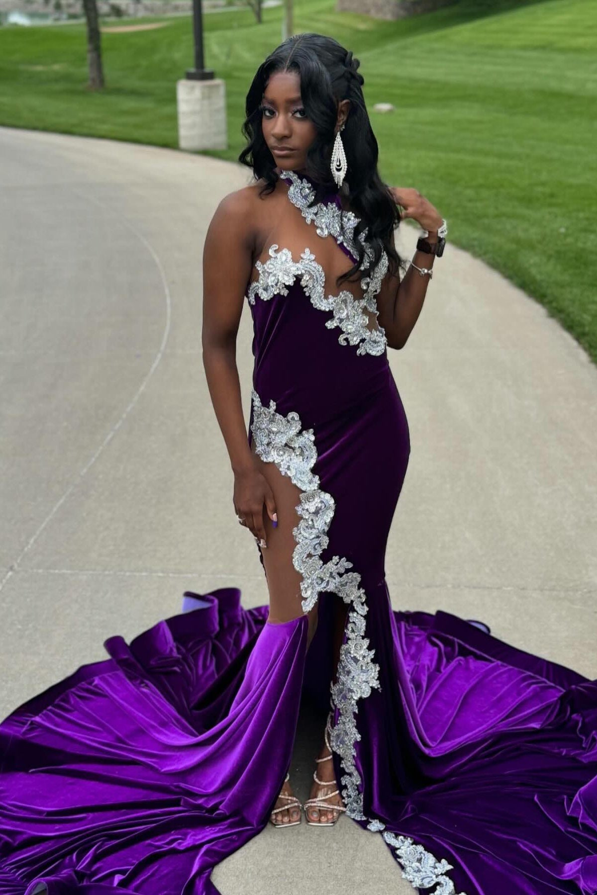 Glamorous Purple Velvet Halter Beadings Side Slit Mermaid Prom Dresses