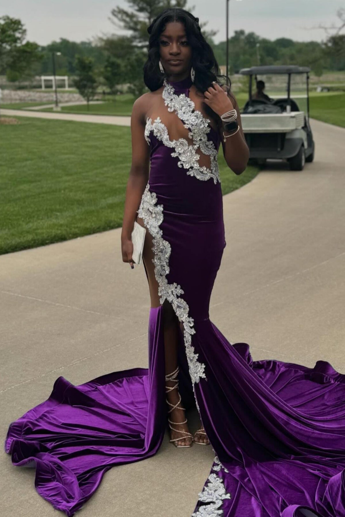 Glamorous Purple Velvet Halter Beadings Side Slit Mermaid Prom Dresses