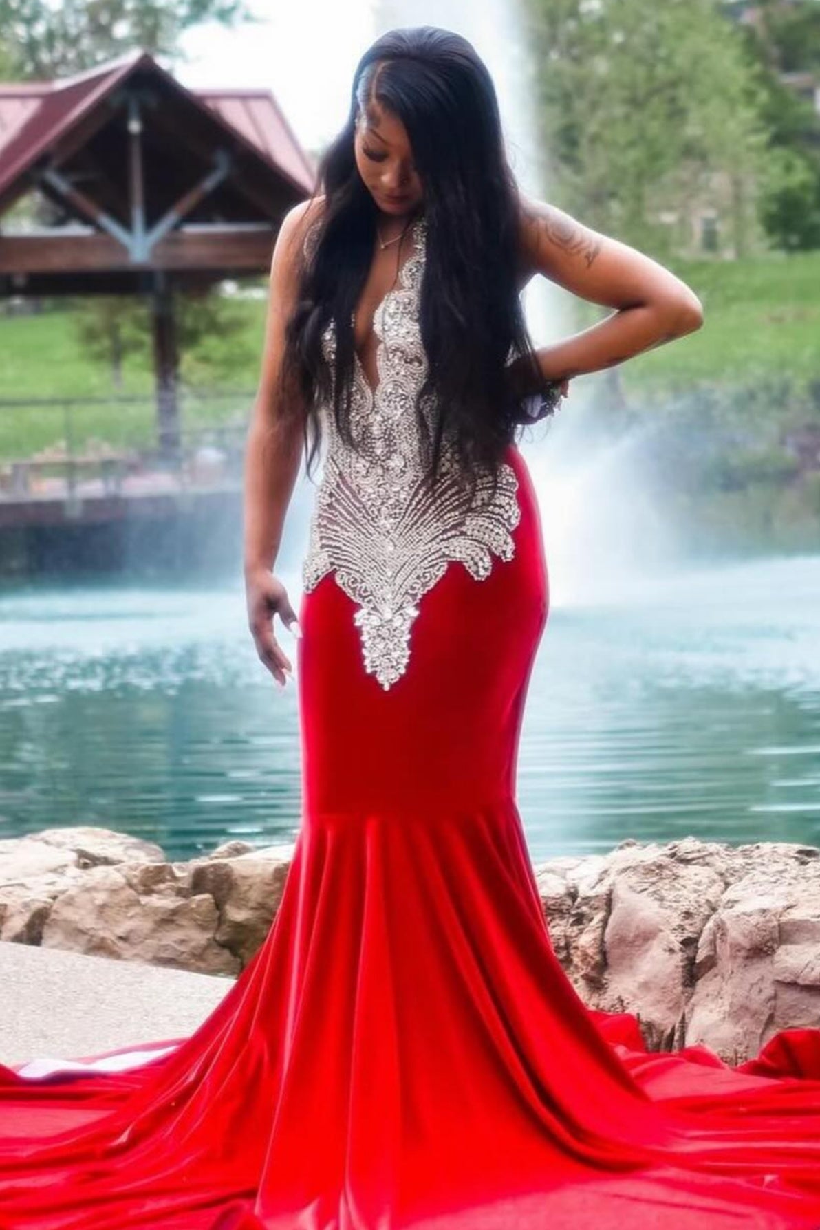Fancy Red V-Neck Velvet Beadings Mermaid Prom Dresses