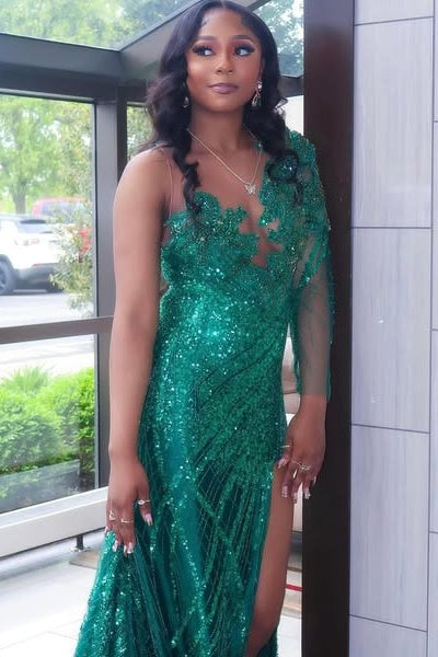 Sparkle Green Sequins Side Slit Mermaid Prom Dresses