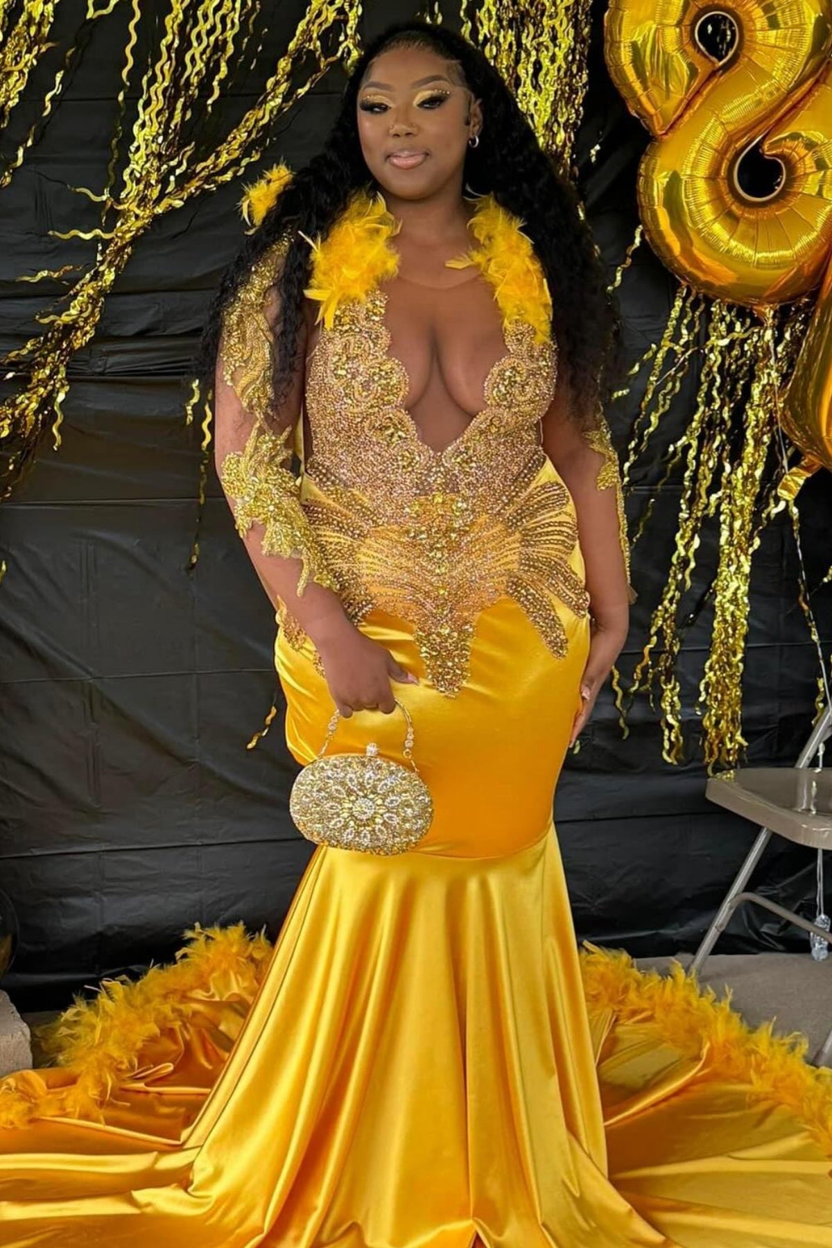 Glamorous Yellow Beadings Mermaid Prom Dresses With Feathers
