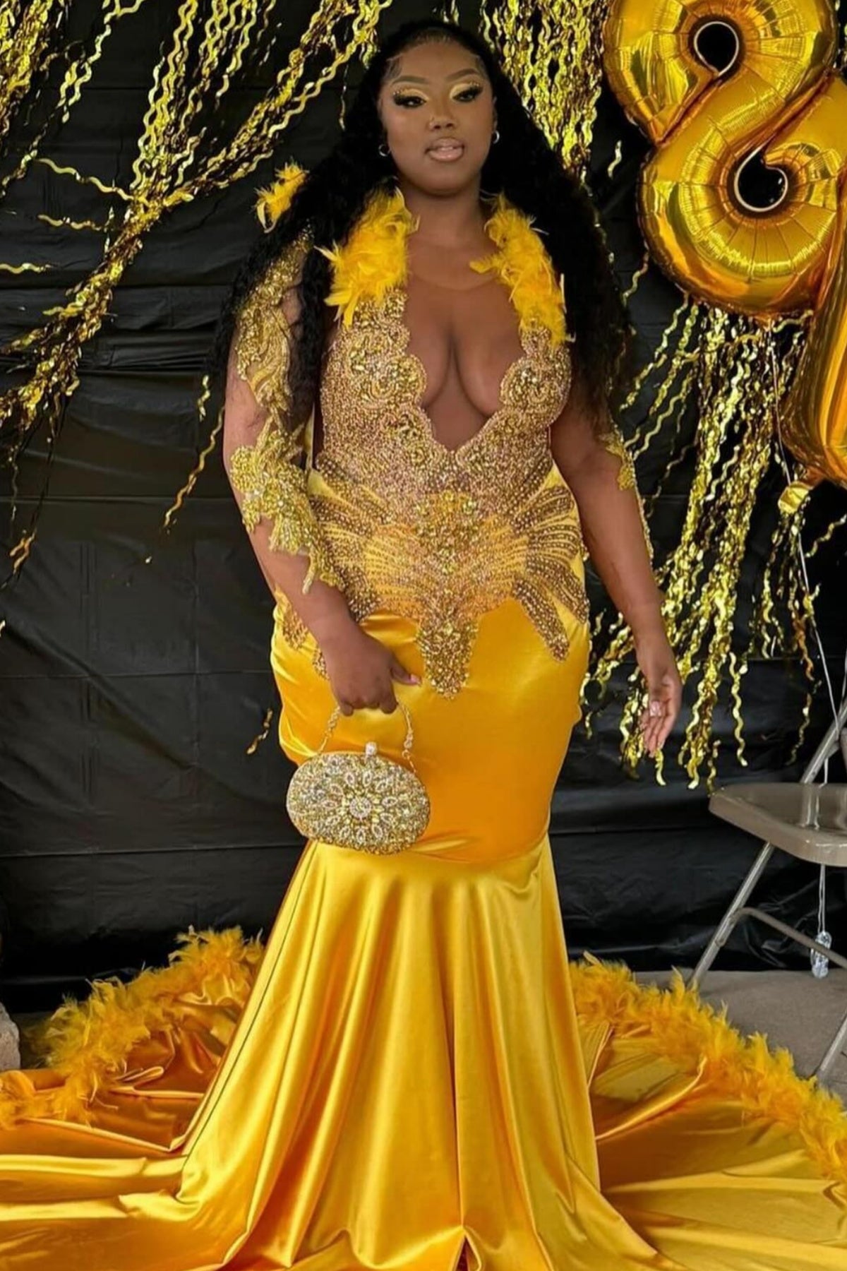 Glamorous Yellow Beadings Mermaid Prom Dresses With Feathers