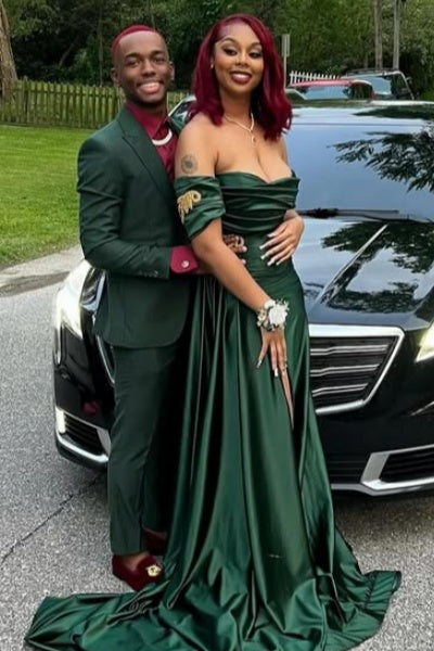 Lovely Dark Green Side Slit Beadings Mermaid Prom Dresses