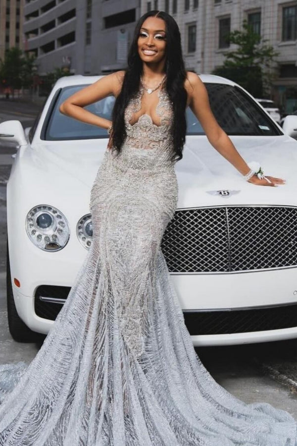 Nectarean Silvery Jewel Beadings Mermaid Prom Dresses